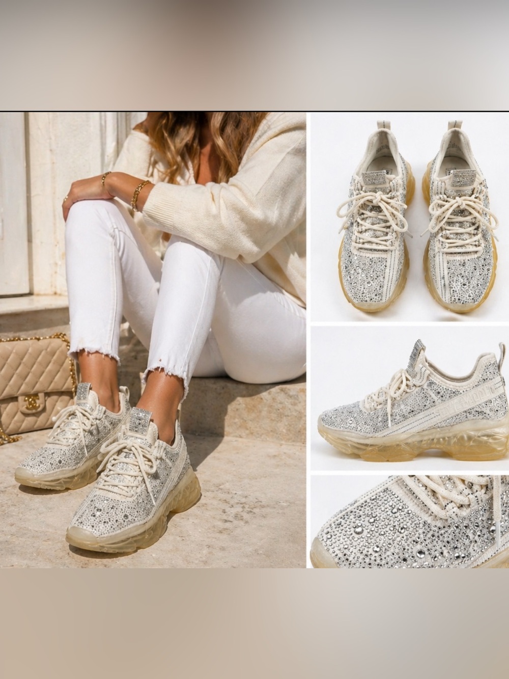 Steve Madden Maxima-R Rhinestone Sneakers White Chunky Platform Size 10 - Picture 6 of 7